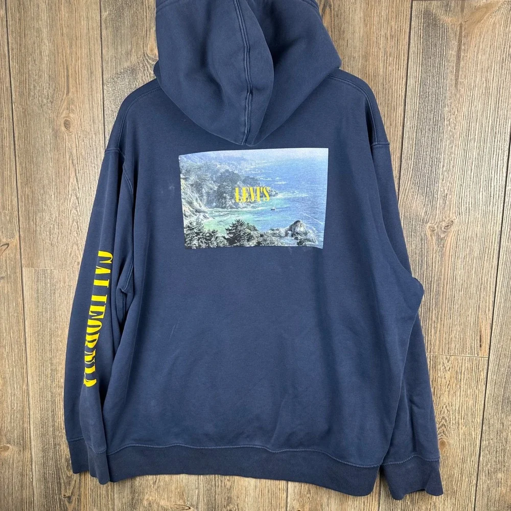 Levis Mens California Coast Graphic Hoodie Navy Blue Fleece Sweatshirt Size XL
